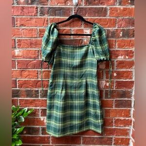 BP Womens Medium Green Plaid Cap Sleeve Square Neck Jumper Dress Clueless